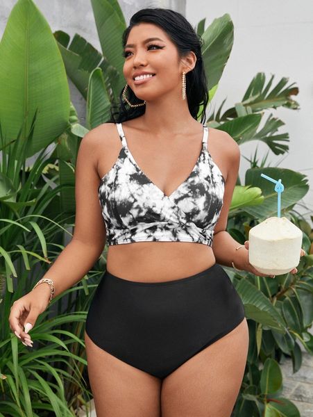 

plus tie dye bikini swimsuit i05q#, Black