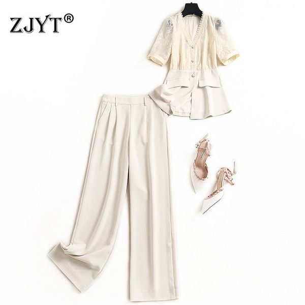 

summer designers women's 2 piece clothing set elegant lady office work outfits lace patchwork shirt and wide leg pants suit two, White