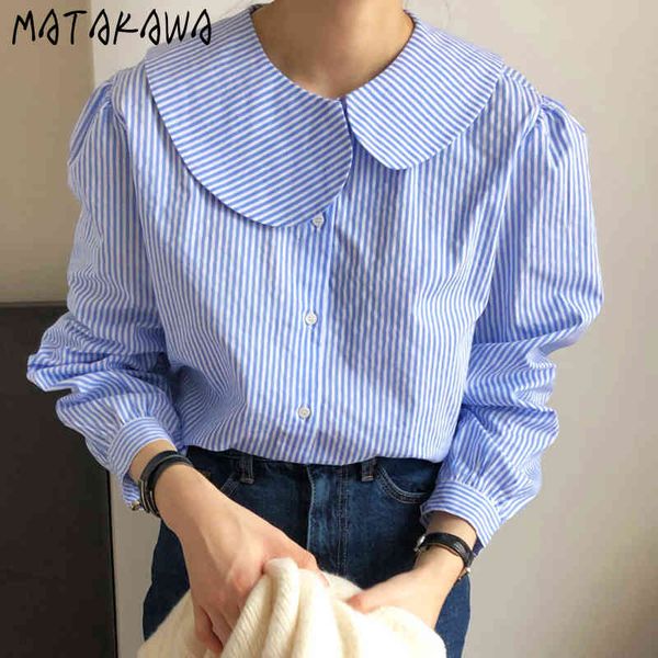 

matakawa single breasted blusas korea chic fashion blue peter pan collar women blouses loose puff sleeve striped shirt 210513, White