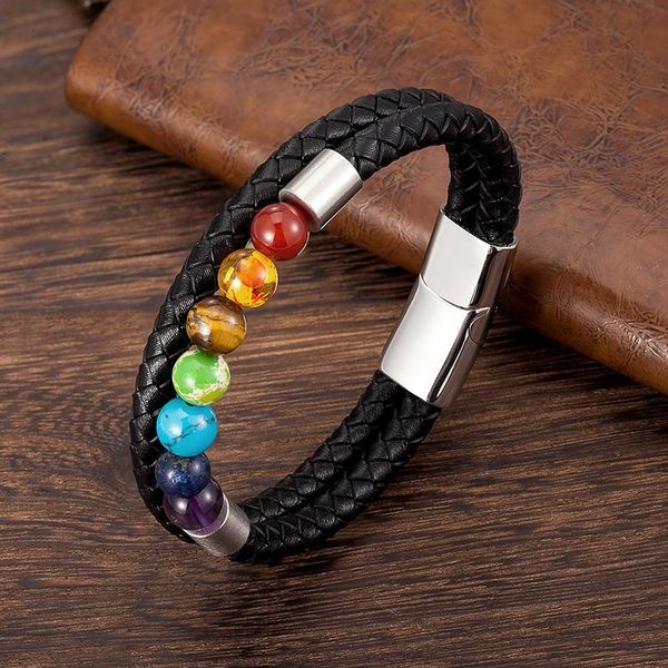

charm bracelets 7 chakra bracelet with genuine leather men women natural crystal healing anxiety jewellery mandala yoga meditation gift, Golden;silver