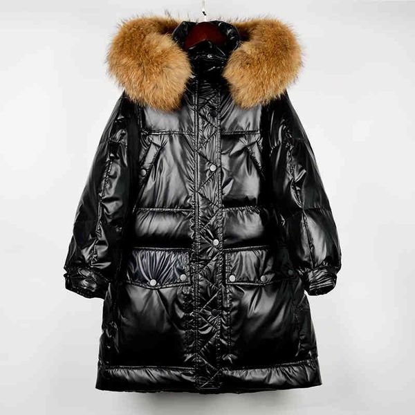 

women's down & parkas women winter mid length shiny coat female patent parka loose casual warm thick detachable hooded fur collar overc, Black