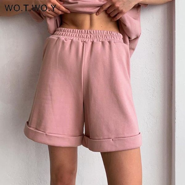 

casual straight high waist shorts women elastic loose wide leg summer solid knee-length harajuku 2021 women's, White;black