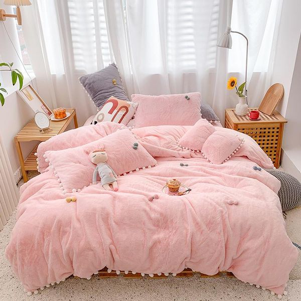 

pink super soft warm cosy flannel velvet fleece princess girl bedding set short plush duvet cover flat/fitted sheet pillowcases sets