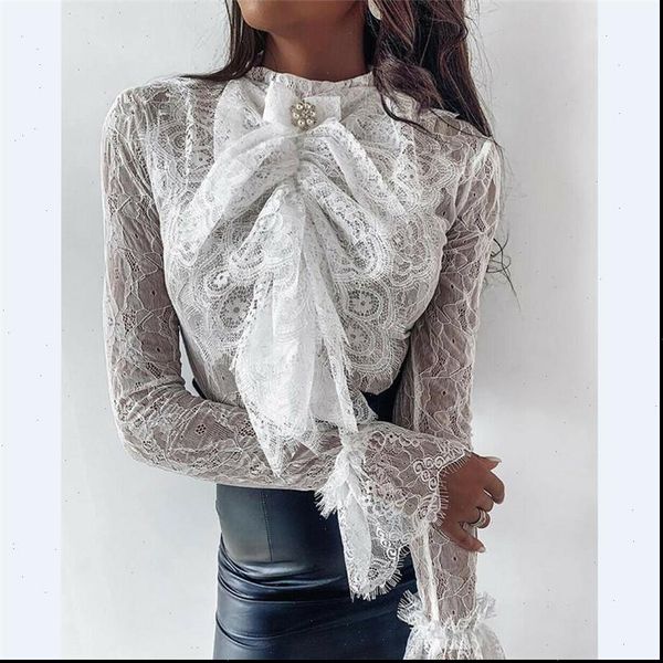 

white lace flare womens shirt long sleeve casual bow tie ol