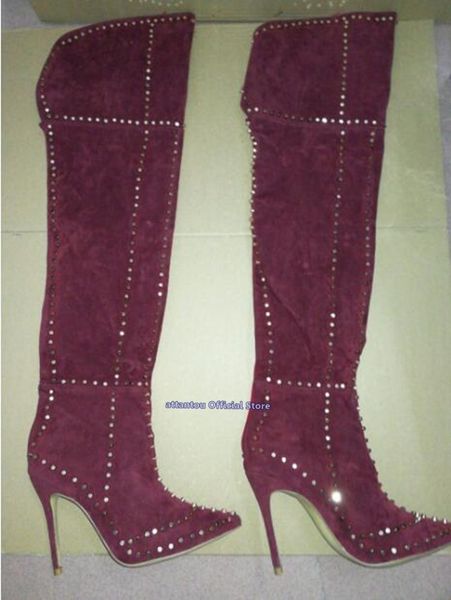 

boot black suede thin leather heels pointed to women's silver rivet fall on knee thigh high boots size 46