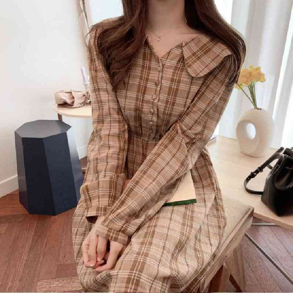 S XL Plus Size Primavera Ragazze Boho cotone Abito vintage femminile plaid Stampa manica Abiti donna Abito lungo Vestido 210417