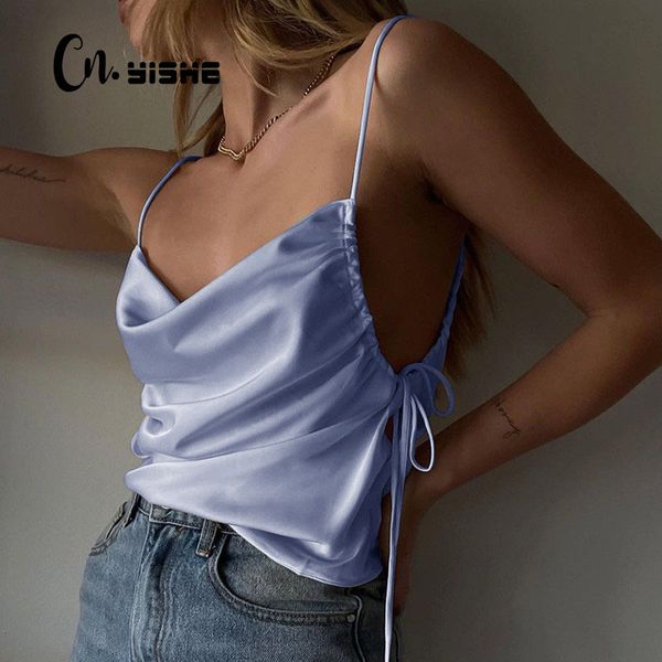 

cnyishe women sleeveless satin camisloes elegant female wild strap summer streetwear bandage solid camis women blusas 210419, White