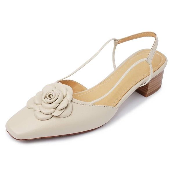 

genuine leather square toe shallow flowers med heels young lady high street fashion cozy slip on sandals women l56, Black