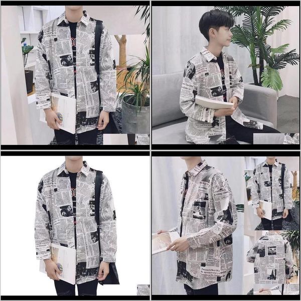 

casual mens clothing apparel drop delivery 2021 square neck men shirts spaper printing male clothes splicing spring long sleeve slim fit dai, White;black
