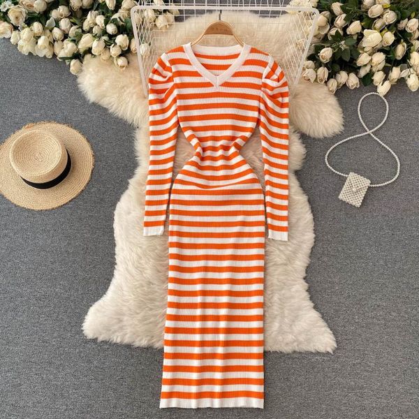 

casual dresses singreiny winter retro stripe sweater dress chic long puff sleeve elastic slim autumn korean bodycon split knitted, Black;gray