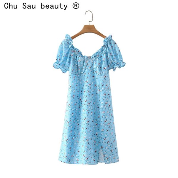 

summer blue square collar vintage floral print split puff sleeve mini dress women vestido de mujer 210508, Black;gray