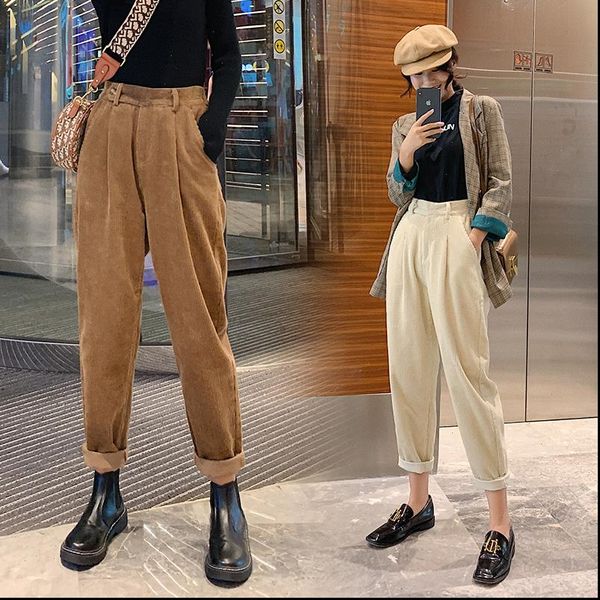 

autumn winter womens capri corduroy pants women high waist pockets trousers plus size streetwear harem pantalon femme, Black;white