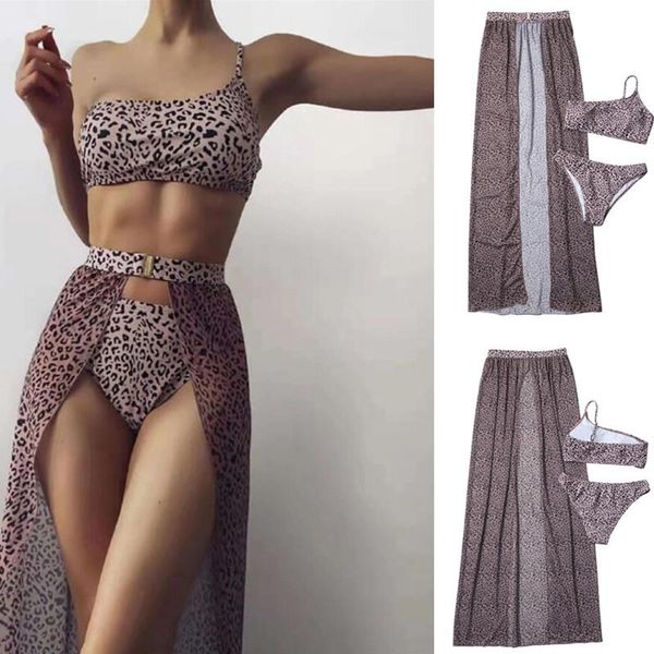 

women's swimwear women 3 pcs set leopard swimwear, one shoulder bikini bandeau bra high waist panty with split long skirts, White;black