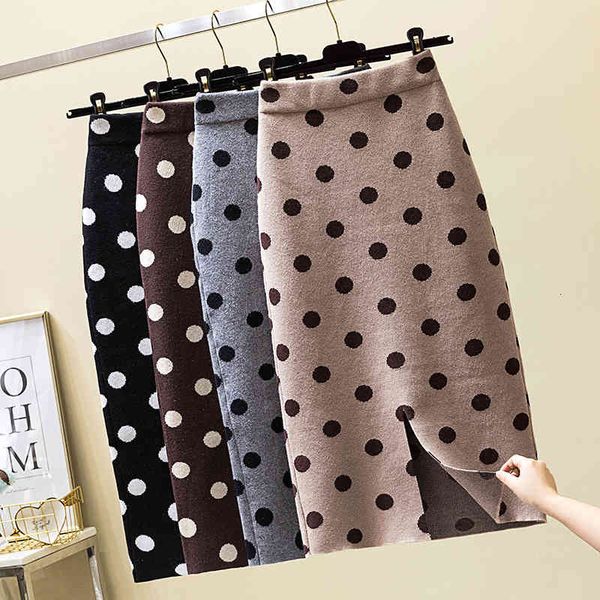 

skirts winter thick cotton candy polka dotted knitted long pencil autumn high waist back split mid-calf slim knit qbcm, Black