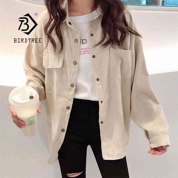 

new fashion woman corduroy jacket solid shirt single breasted turn down collar long sleeve pocket button feminina t90801j 210410, White