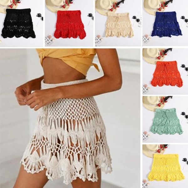 

one-piece suits 2021 wind seaside holiday bohemian style solid color crochet hollow skirt women's clothing