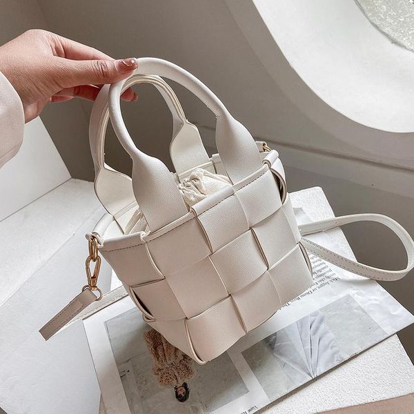 

evening bags 2021 weave mini pu leather bucket crossbody for women trend lady shoulder handbags and purses totes