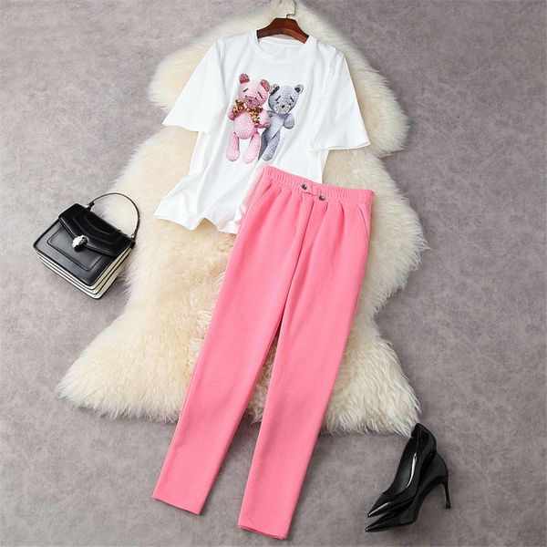 

pant high fashion summer two pieces women's clothing short sleeves loose diamonds from cartoons t-shirt and suit pants joint, White
