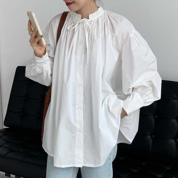 

solid white stand shirt women autumn student korean style retro loose all-match slim cardigan blouse 210615