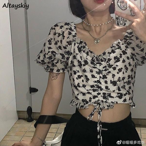 

women's blouses & shirts floral women ruffles elegant korean style chic trendy slim all-match ulzzang romantic female crop summer ins, White