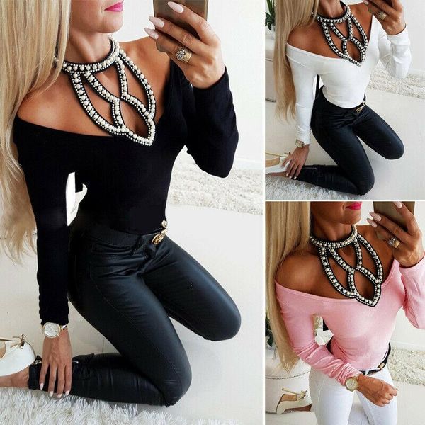 

women nail bead cutout tied tight long sleeve shirt choker-neck blouse casual women's blouses & shirts, White