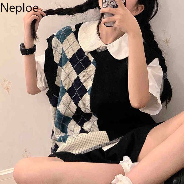 Neploe Frühling Japanische Pullover Weibliche Strick Plaid Niedliche Pullover Weste Adrette Lose Ärmellose Weste Strickwaren Tank Tops 210422