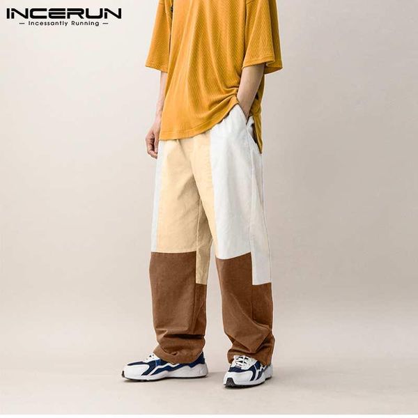 

korean style leisure pants incerun men patchwork loose trousers casual wide leg drawstring joggers man baggy bottoms streetwear men's, Black