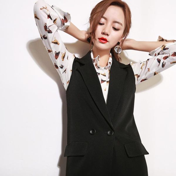 

women's vests 2021 women midi long vest fashion elegant office lady big size s-2xl coat outwear autumn female slim sleeveless jackets w, Black;white
