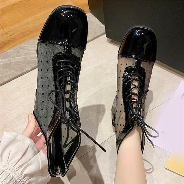 

boots shoes woman black retro ankle women's winter leisure leather square heel lace-up short booties #4
