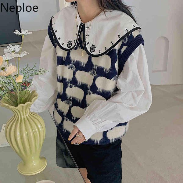 

neploe spring clothes women cute preppy style knitted sweater vest loose white blouses o-neck sleeveless waistcoat tank 210422, White;black