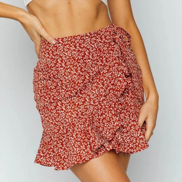 

arrival summer ruffles casual bandage women skirt high waist beach style floral print mini, Black