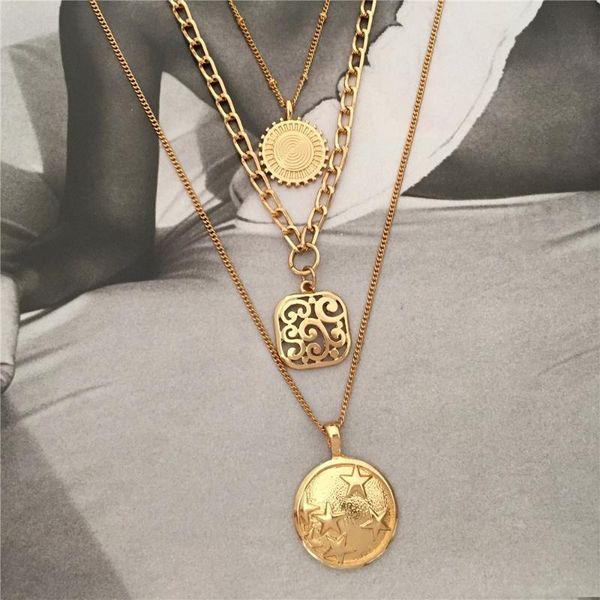 

pendant necklaces trendy gold color plating round square three layer necklace for women girl bohemia elegant dainty boho jewelry, Silver