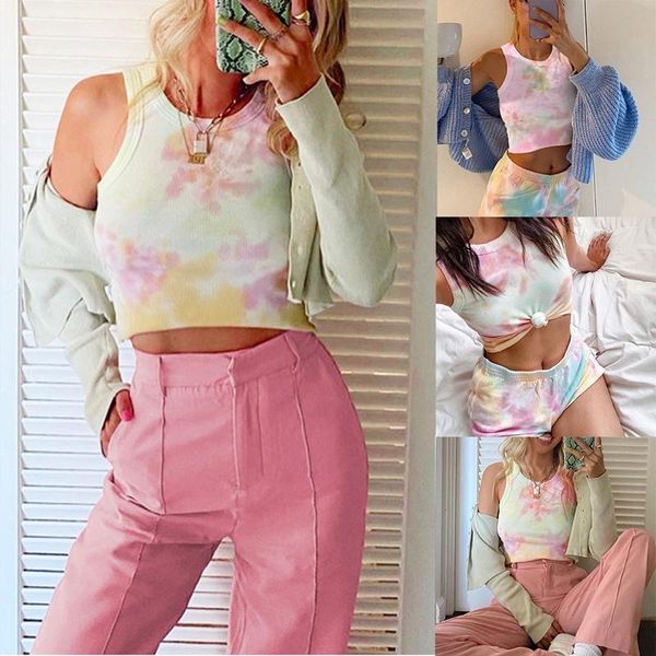 

women's fashion tie dye slim round neck short vest color tanks & camis, White