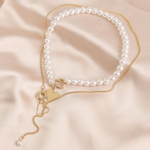 

pendant necklaces origin summer vintage double-layer imitation pearl necklace for women love heart tassel toggle clasp jewelry, Silver
