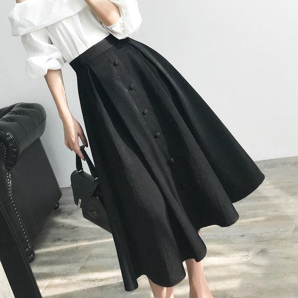 

skirts long womens maxi skirt retro high waisted big swing buttons up hepburn style, Black
