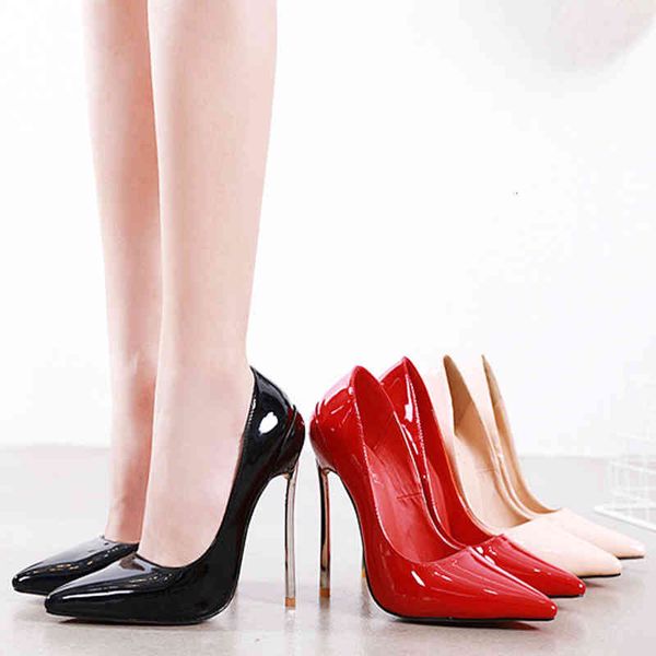 

dress shoes voesnees solid color woman pumps new shiny pointed toe super high heels 13.5cm plus size stiletto model catwalk 6, Black