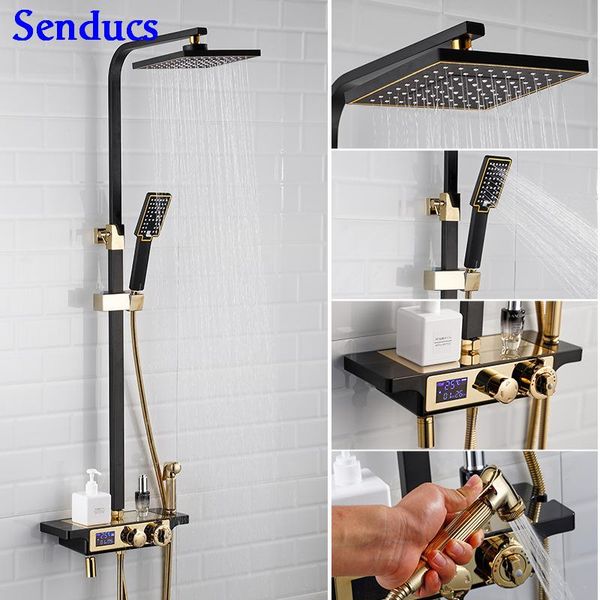 

senducs black gold digital shower set quality brass bathroom thermostatic system temperature display bath faucet sets