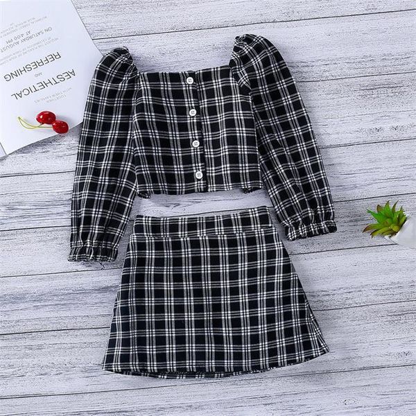 

clothing sets summer kids girl 2-pcs black plaid short shirts + elastic waist skirt casual style children clothes outfits e221 bhba, White