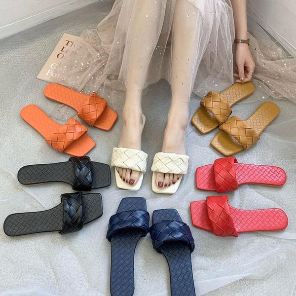 

slippers 2021 brand slides women weave leather shoes open toe flat sandals summer outdoor female, Black