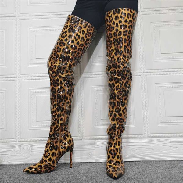

boots special leopard surface girl winter over the knee high pointed toe zipper decorate thin heels big size 47 shoes, Black