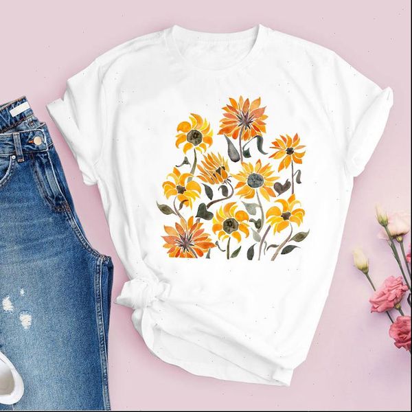 

women graphic flower floral sunflower short sleeve fashion cute lady tees print clothing female t shirt womens, White