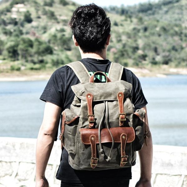 

backpack vintage bag waxed canvas school for laplarge capacity outdoor travel rucksack men anti theft waterproof