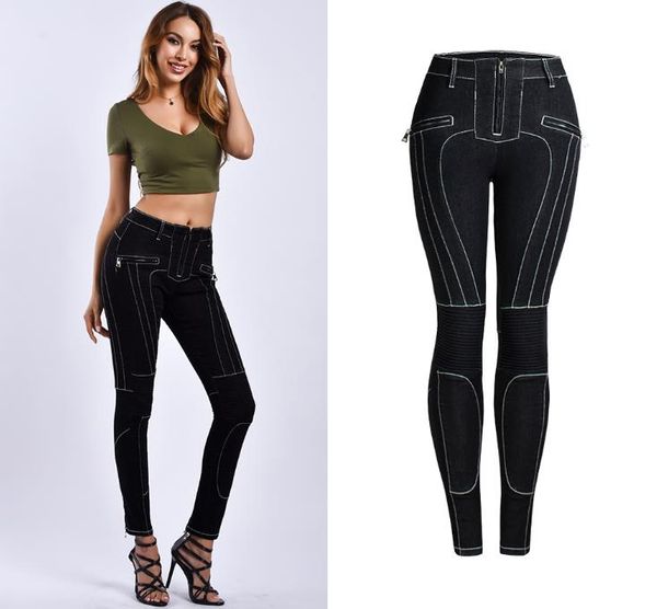 

2021 european and american black jeans denim feet pants stitching zipper motorcycle style slim stretch, Blue