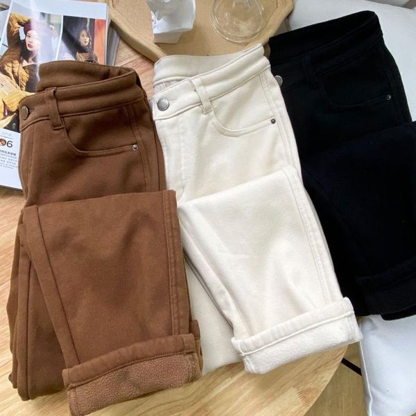 

women's pants & capris quality one winter thickened cashmere lamb hair warm and with straight tube for skinny jeans jnsu, Black;white