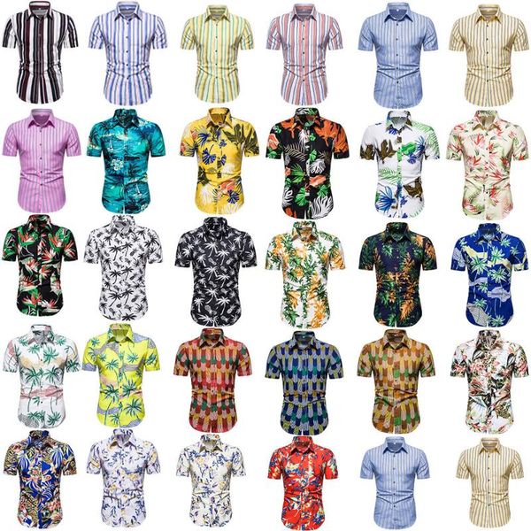 

men's dress shirts 2021 summer hawaiian print short sleeve collared shirt beach european size lapel flower button up, White;black
