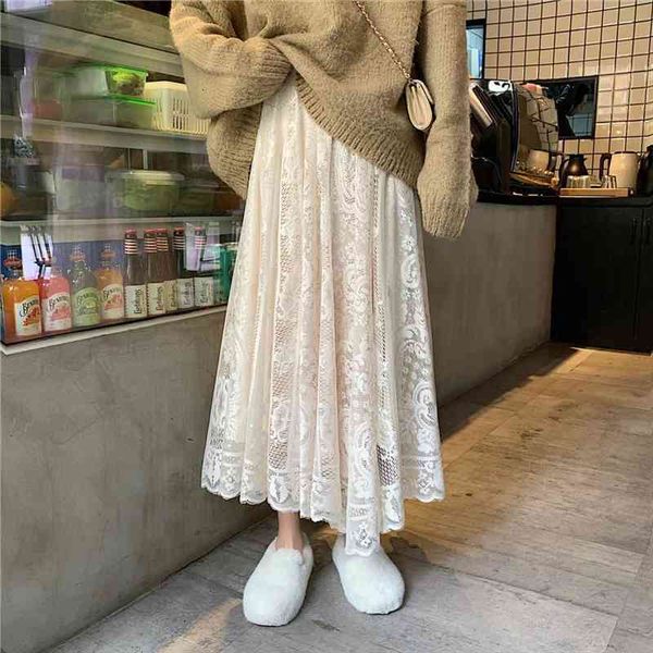 

elastic high waist lace womens skirt spring autumn korean elegant casual a-line black long female