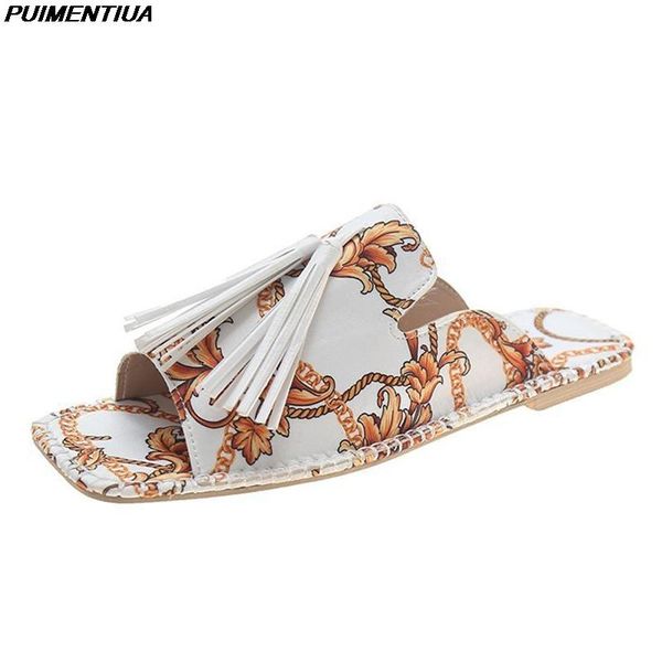 

puimentiua outdoor women's slippers retro tassels summer shoes beach slides mules for women flat slipper flip flops, Black