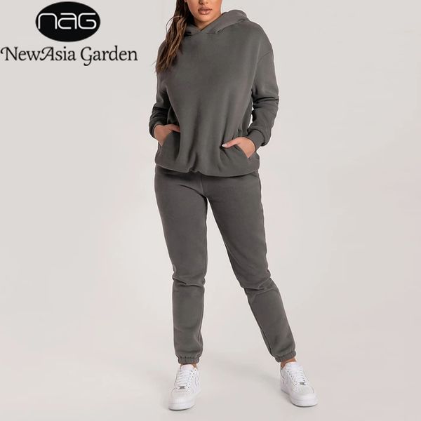 

newasia 2 piece pants set long sleeve hoodie pocket sweatpants tracksuit women casual streetwear fashion matching couple outfits 210413, White