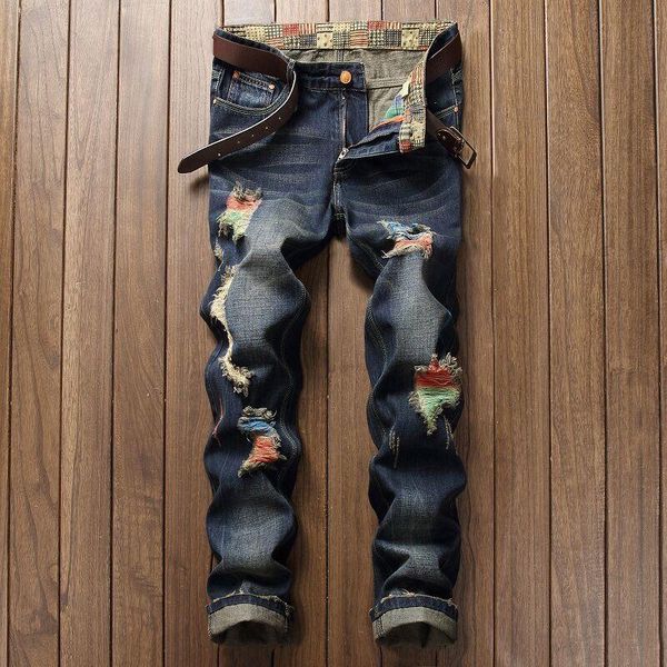 

men's jeans brand denim designer hole ripped for men size 28-42 autumn winter plus velvet hiphop punk streetwear reik, Blue