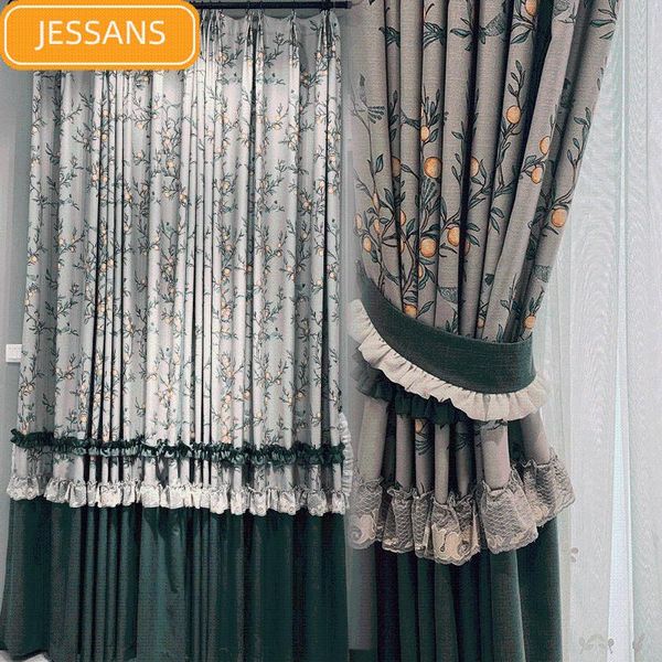 

curtain & drapes american printing thick cotton linen lace stitching blackout curtains for living room bedroom finished products customizati
